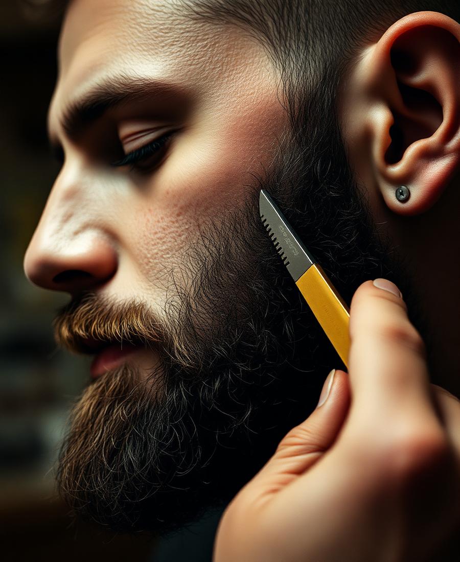Barber shaping a full beard with a razor line
