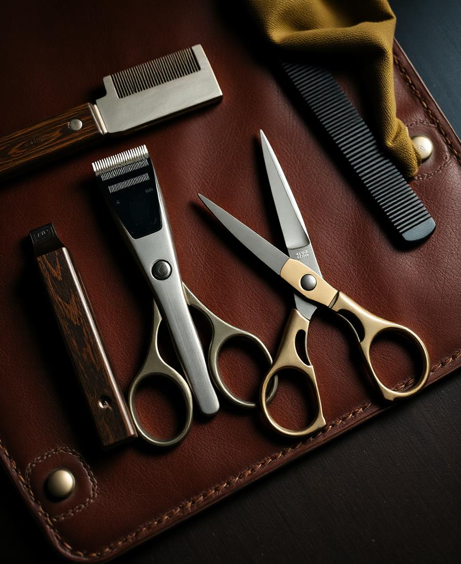 Barbering tools laid out on leather